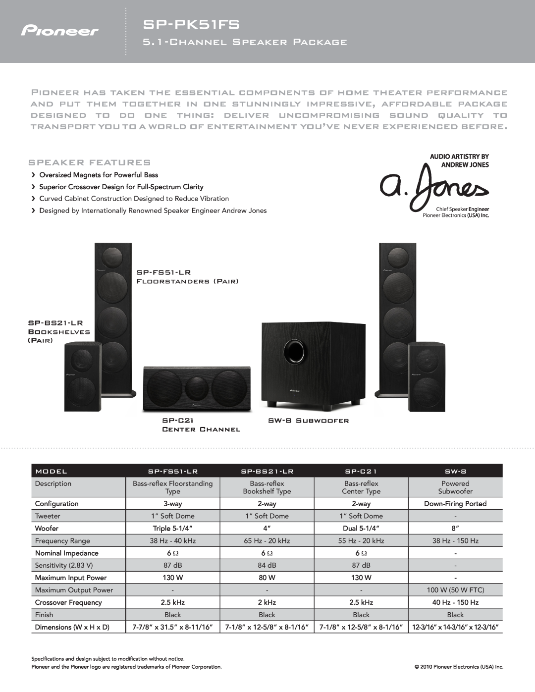 Pioneer SP-PK51FS specifications Channelspeaker Package, Speaker Features, SP-FS51-LR FLOORSTANDERS PAIR, SP-C21, Model 
