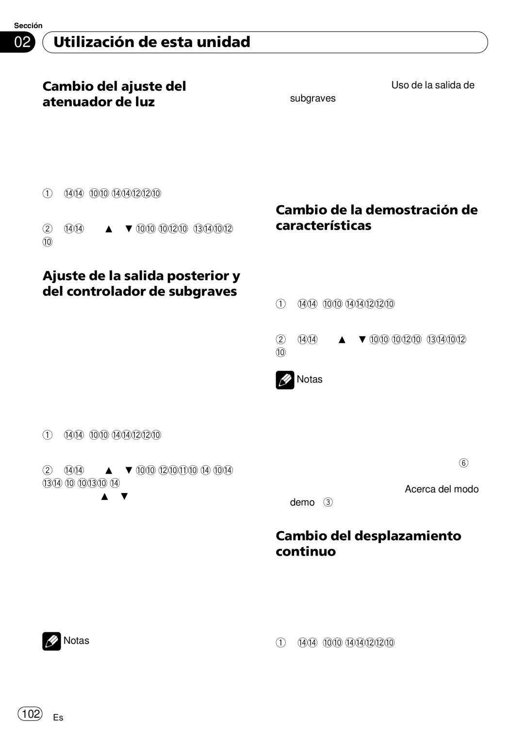 Pioneer SRC7127-B/N Cambio del ajuste del atenuador de luz, Cambio de la demostración de características, 102 Es 