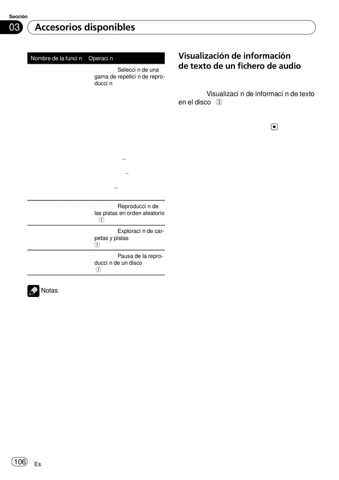 Pioneer SRC7127-B/N operation manual Accesorios disponibles, 106 Es, Folder, Nombre de la función, Operación 