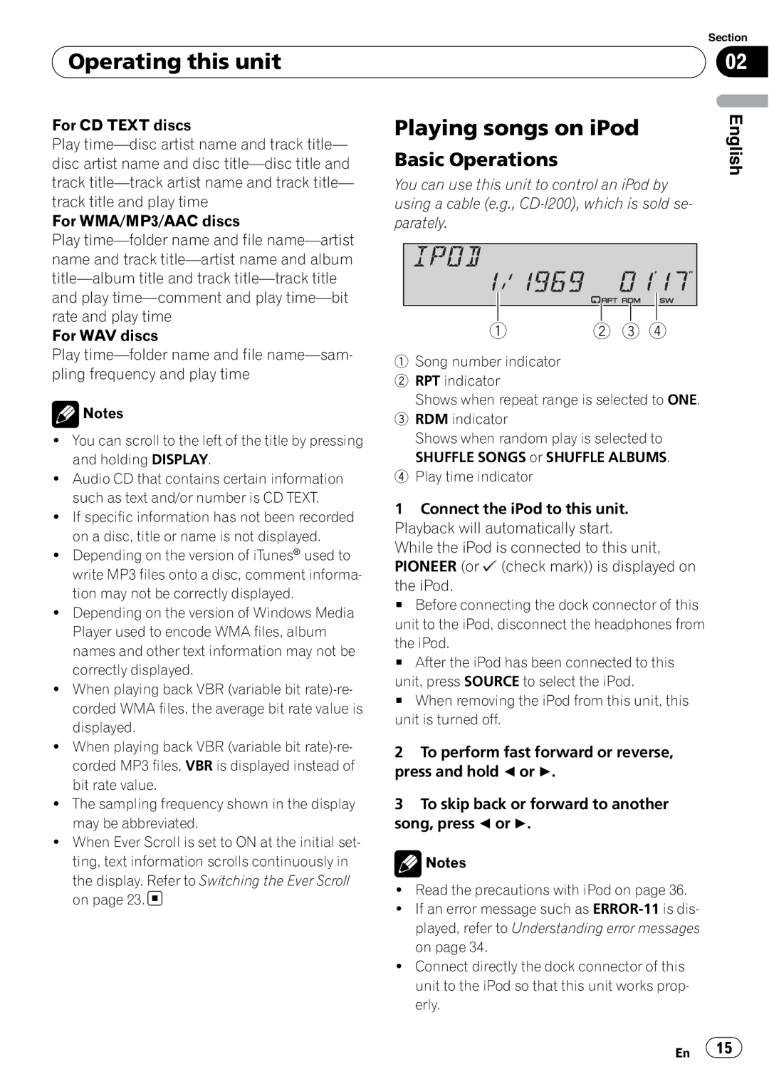 Pioneer SRC7127-B/N operation manual Playing songs on iPod, Display. Refer to Switching the Ever Scroll on 