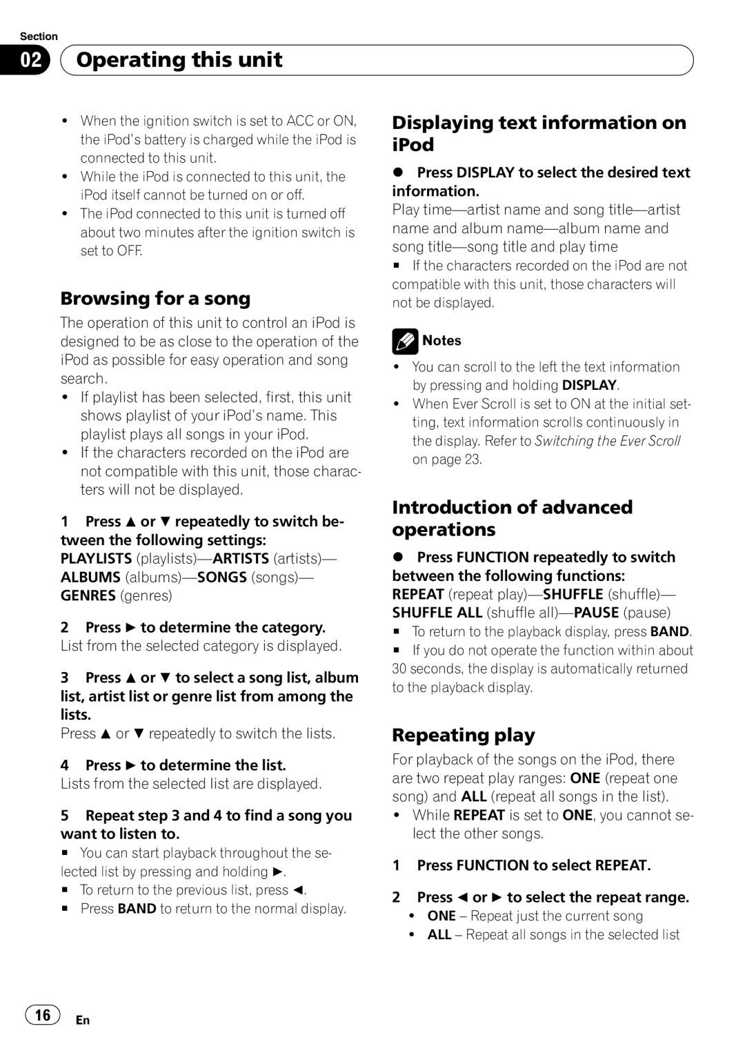 Pioneer SRC7127-B/N operation manual Browsing for a song, Displaying text information on iPod, Repeating play 