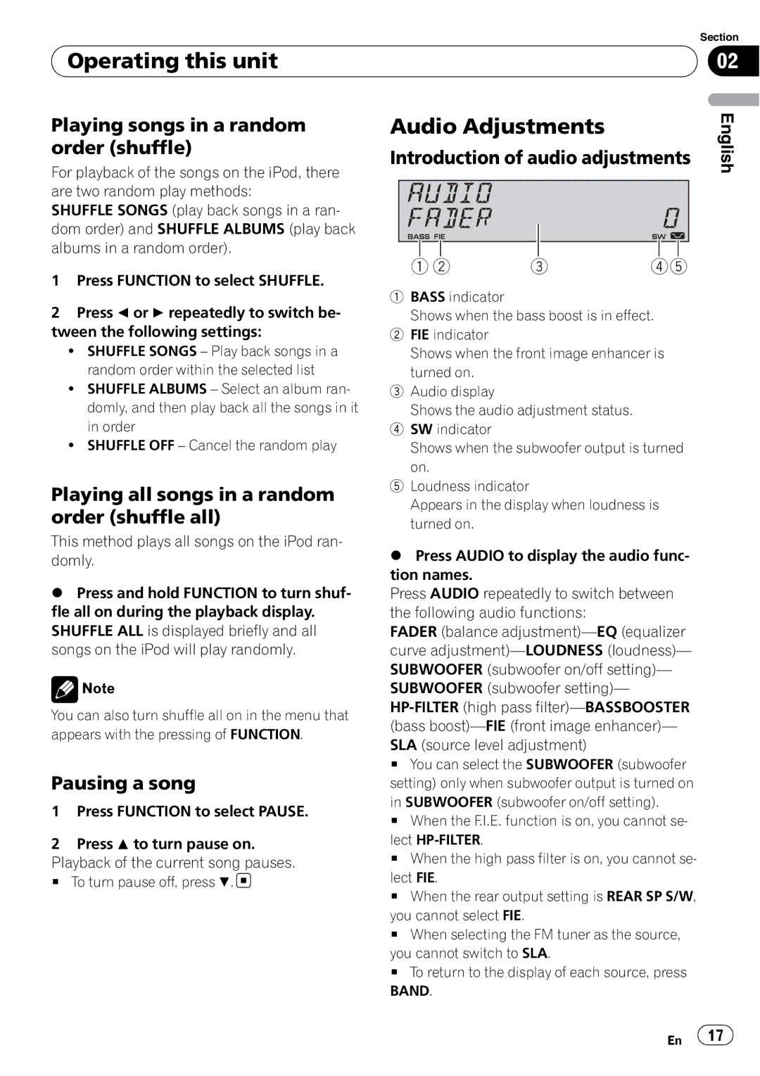 Pioneer SRC7127-B/N operation manual Audio Adjustments, Playing songs in a random order shuffle, Pausing a song 