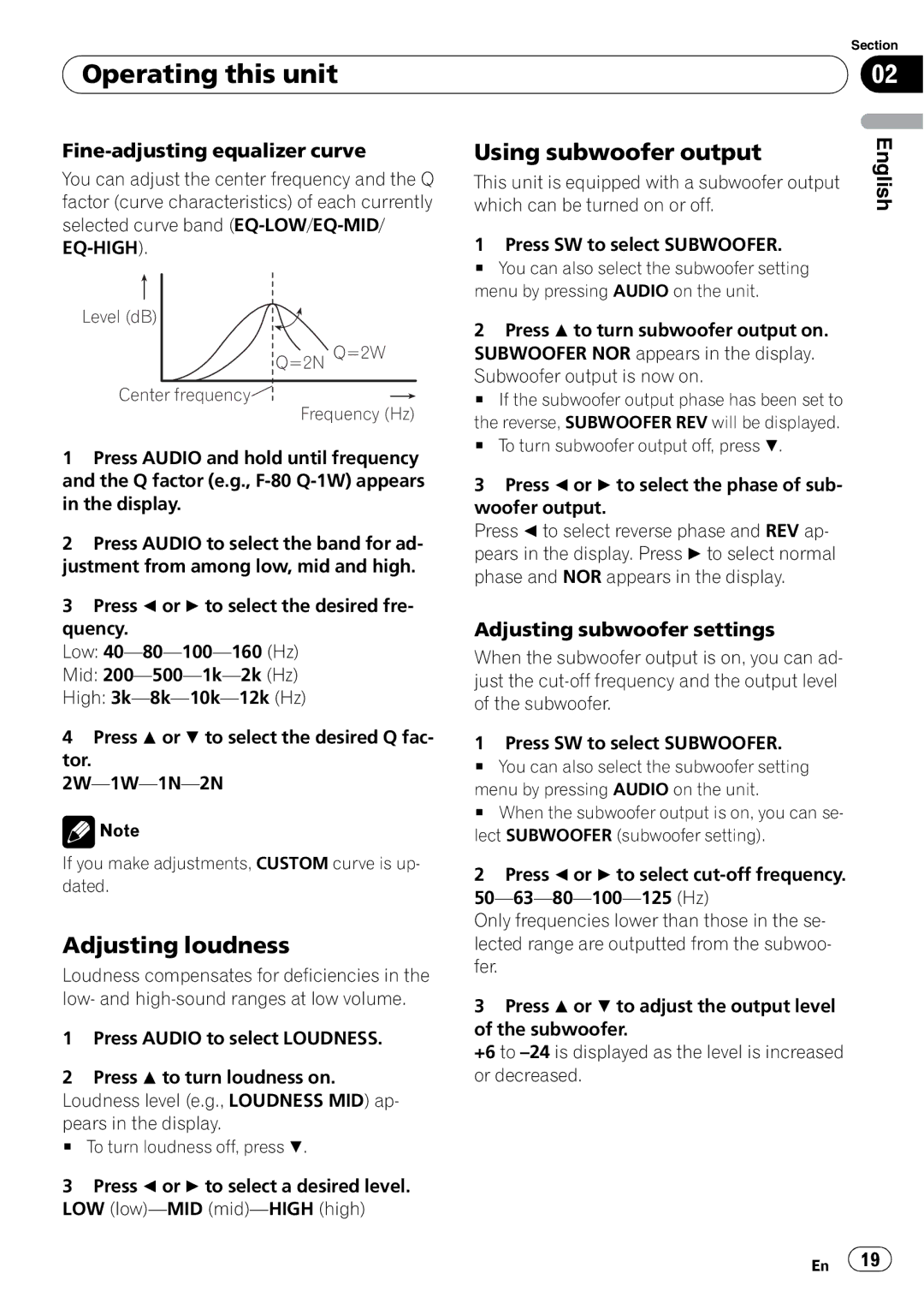 Pioneer SRC7127-B/N operation manual Adjusting loudness, Using subwoofer output, Fine-adjusting equalizer curve 