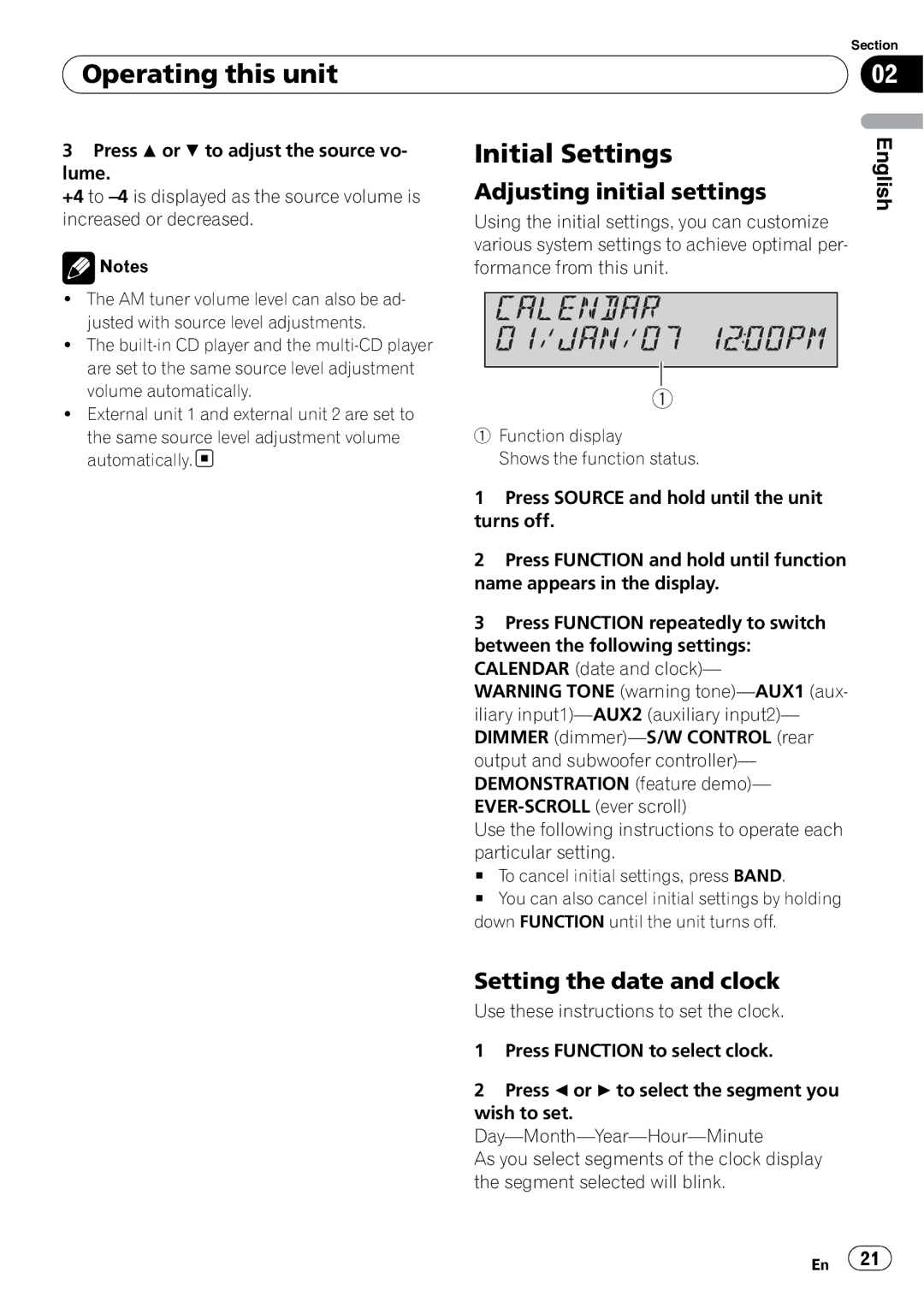 Pioneer SRC7127-B/N operation manual Initial Settings, Adjusting initial settings, Setting the date and clock 