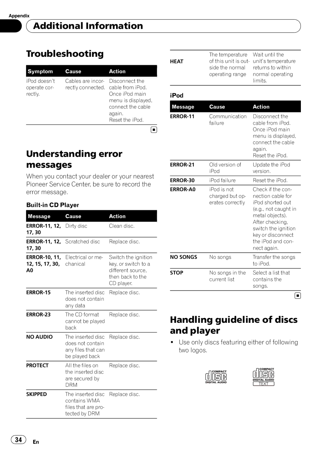 Pioneer SRC7127-B/N operation manual Additional Information Troubleshooting, Understanding error, Messages 