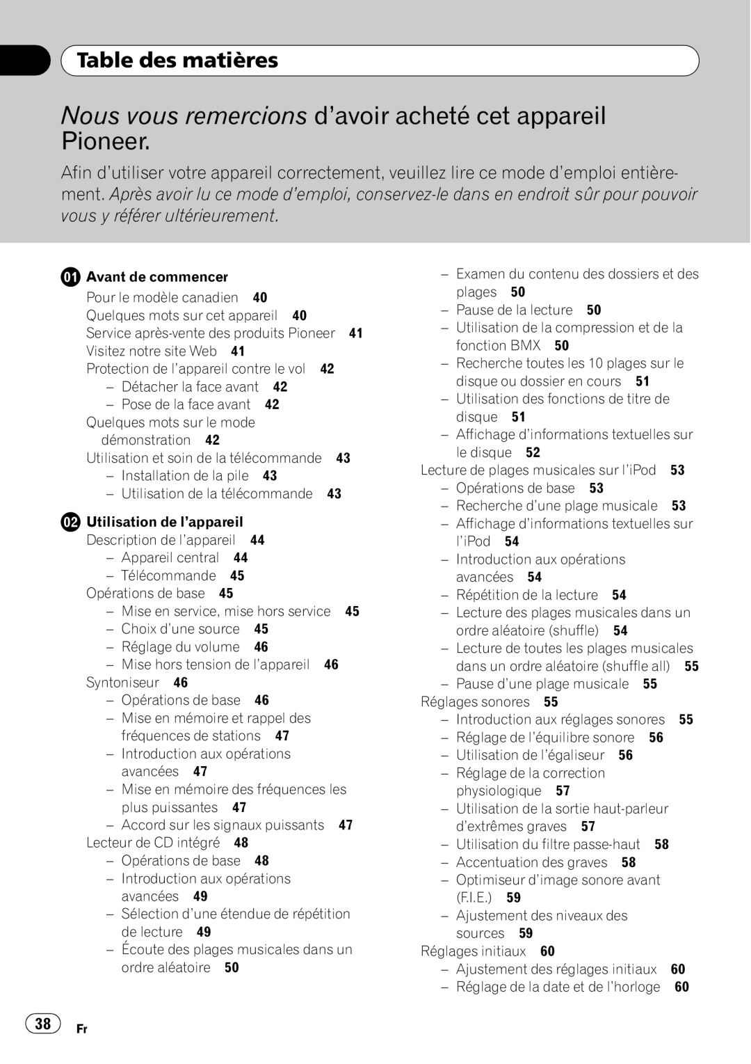 Pioneer SRC7127-B/N operation manual Table des matières, Pause d’une plage musicale Réglages sonores 