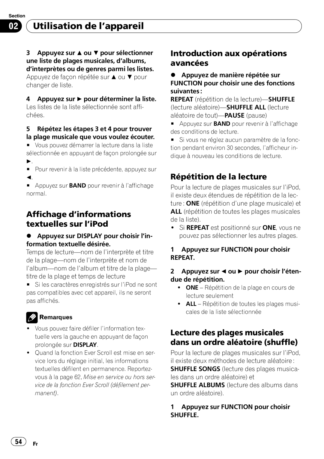 Pioneer SRC7127-B/N operation manual Affichage d’informations textuelles sur l’iPod, Répétition de la lecture, Shuffle 