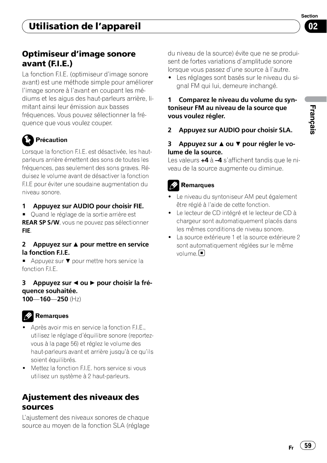 Pioneer SRC7127-B/N operation manual Optimiseur d’image sonore avant F.I.E, Ajustement des niveaux des sources 