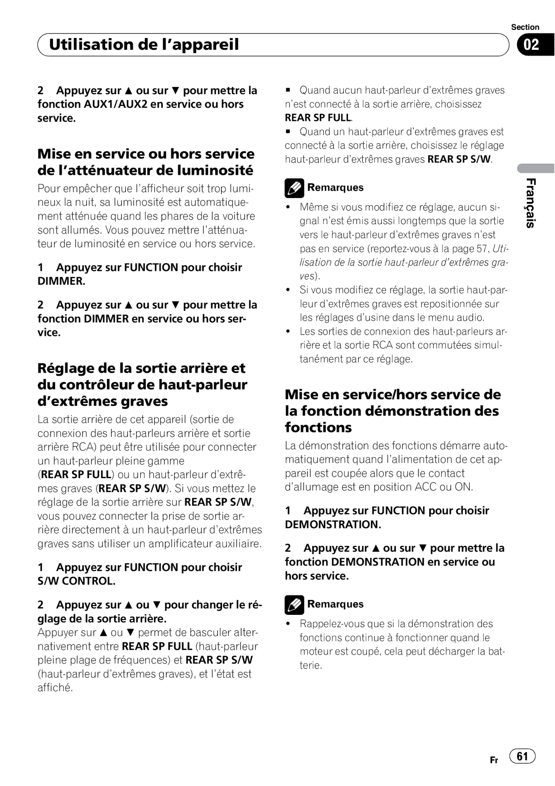 Pioneer SRC7127-B/N operation manual Dimmer, Rear SP Full 