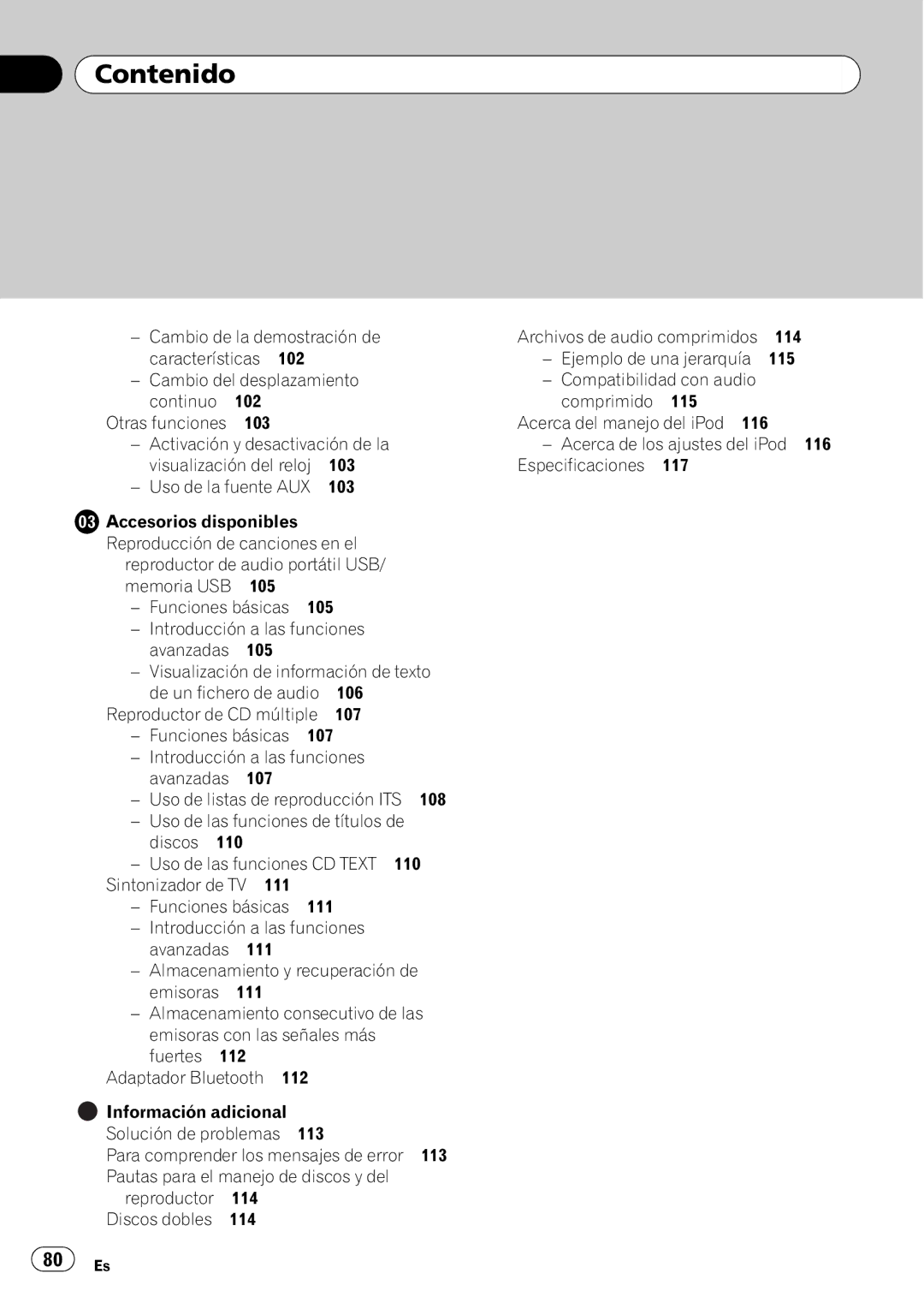 Pioneer SRC7127-B/N operation manual Visualización del reloj 103 Especificaciones 117, 106 