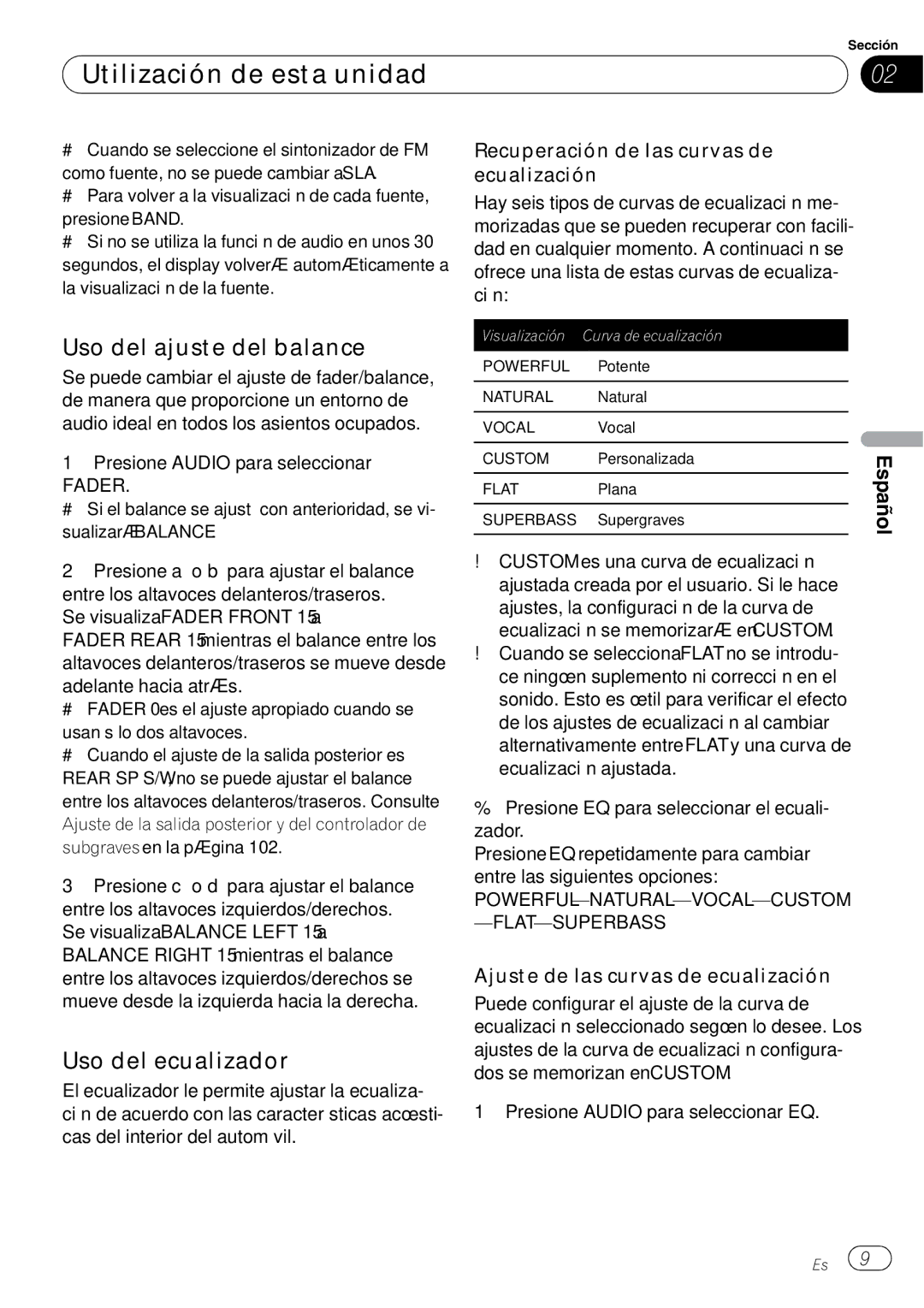 Pioneer SRC7127-B/N Uso del ajuste del balance, Uso del ecualizador, Recuperación de las curvas de ecualización 