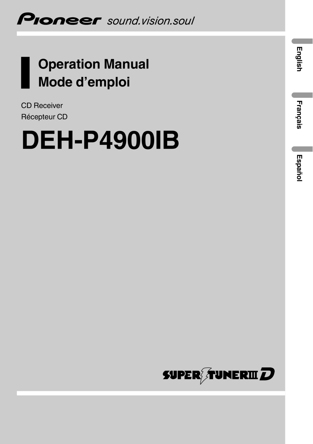 Pioneer SRC7127-B/N operation manual CD Receiver Récepteur CD, English Français Español, DEH-P4900IB 