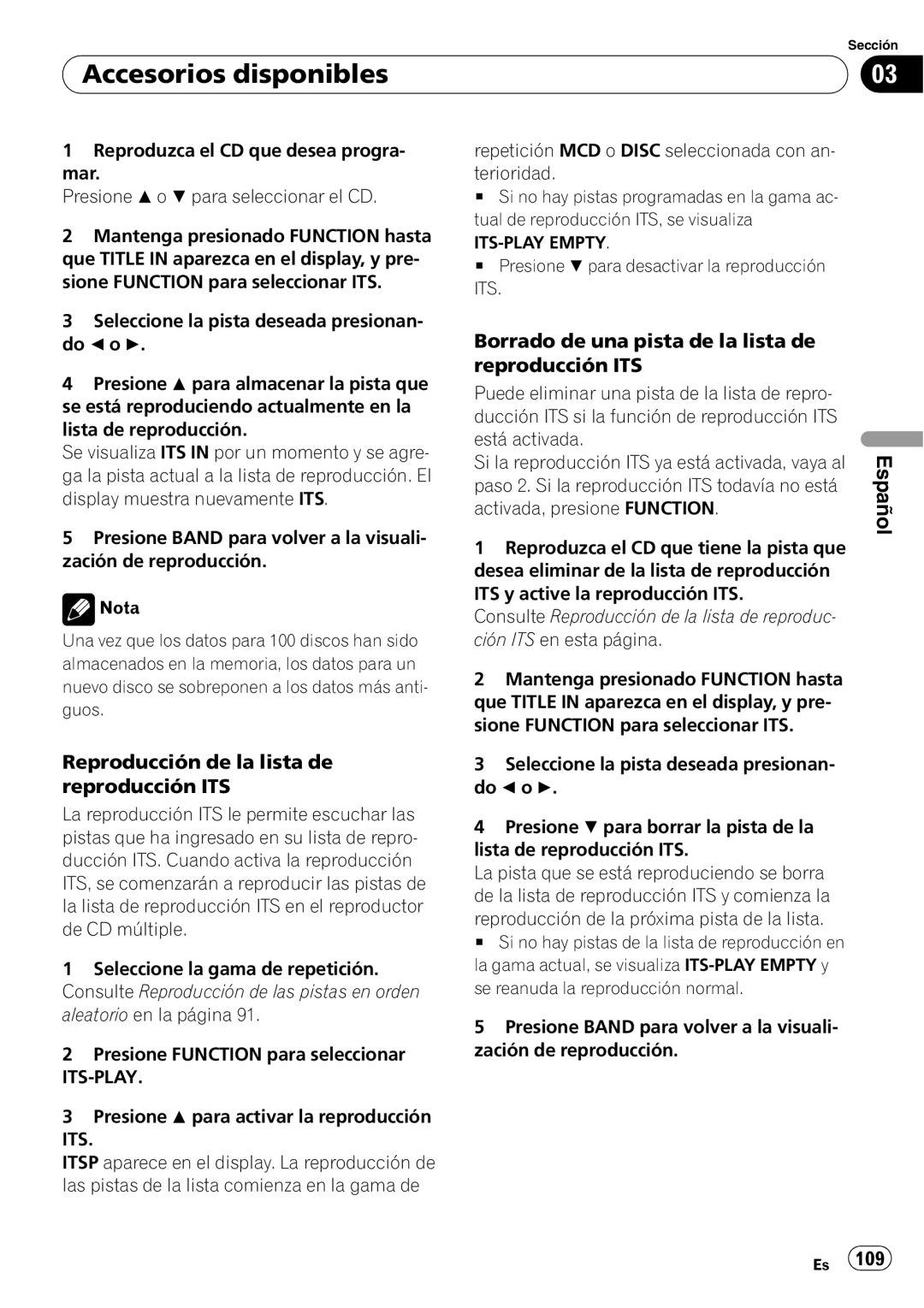 Pioneer SRC7127-B/N operation manual Reproducción de la lista de reproducción ITS, Accesorios disponibles, Español 