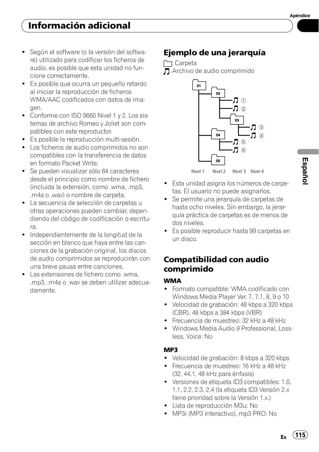 Pioneer SRC7127-B/N operation manual Ejemplo de una jerarquía, Compatibilidad con audio comprimido, Información adicional 