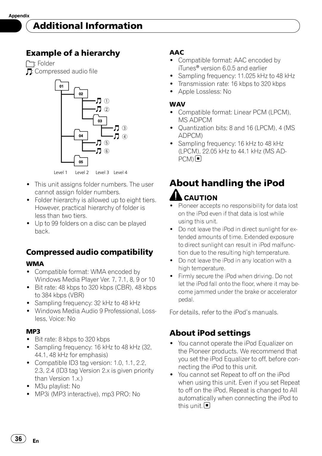 Pioneer SRC7127-B/N About handling the iPod, Example of a hierarchy, Compressed audio compatibility, About iPod settings 