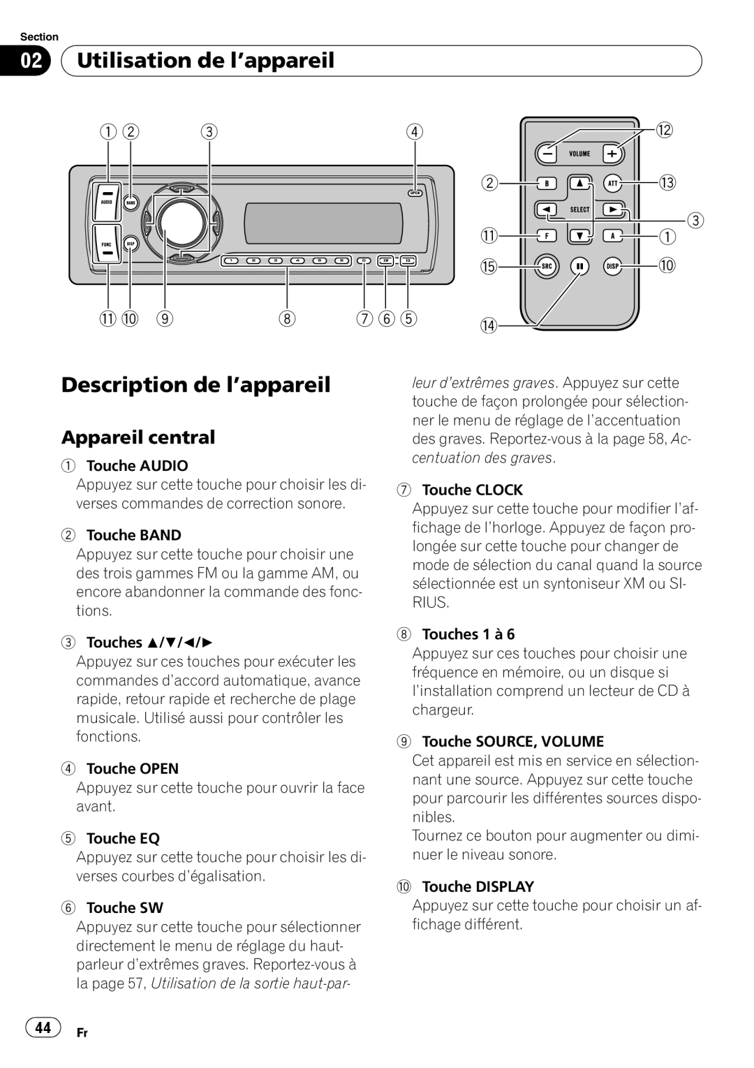Pioneer SRC7127-B/N operation manual Utilisation de l’appareil, Description de l’appareil, Appareil central,   ,    