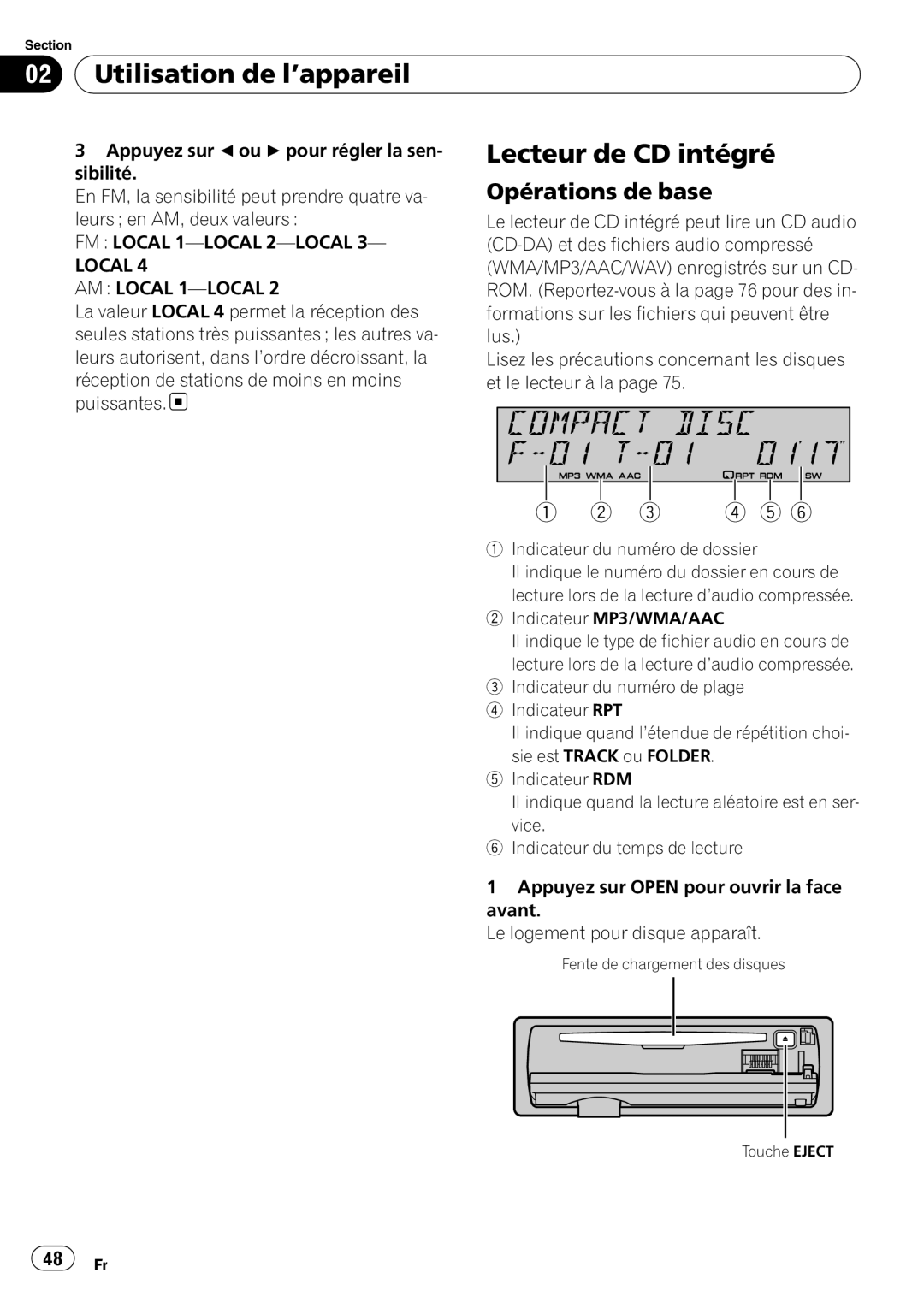 Pioneer SRC7127-B/N operation manual Lecteur de CD intégré, Utilisation de l’appareil, Opérations de base,    