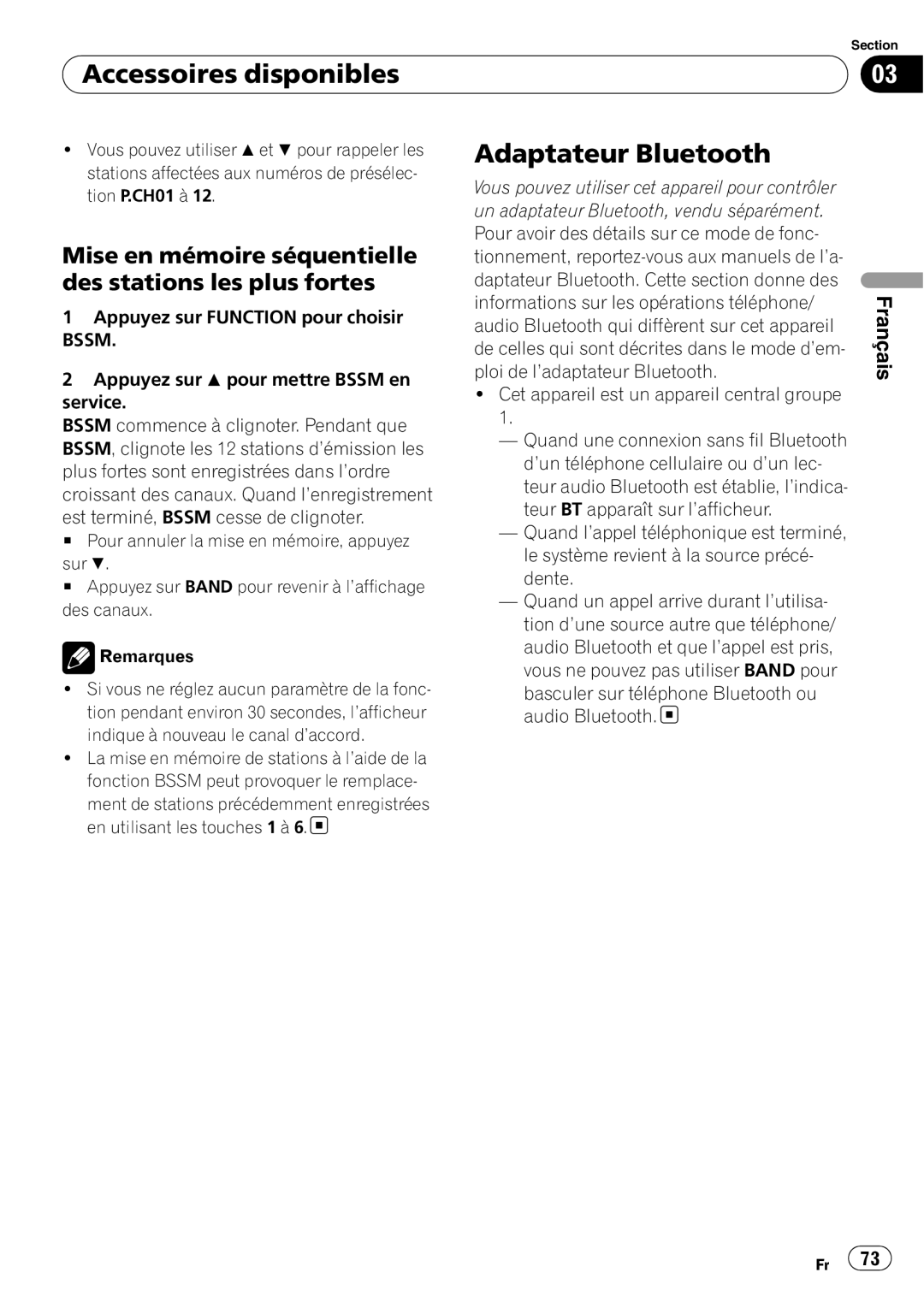 Pioneer SRC7127-B/N operation manual Adaptateur Bluetooth, Accessoires disponibles, Français 