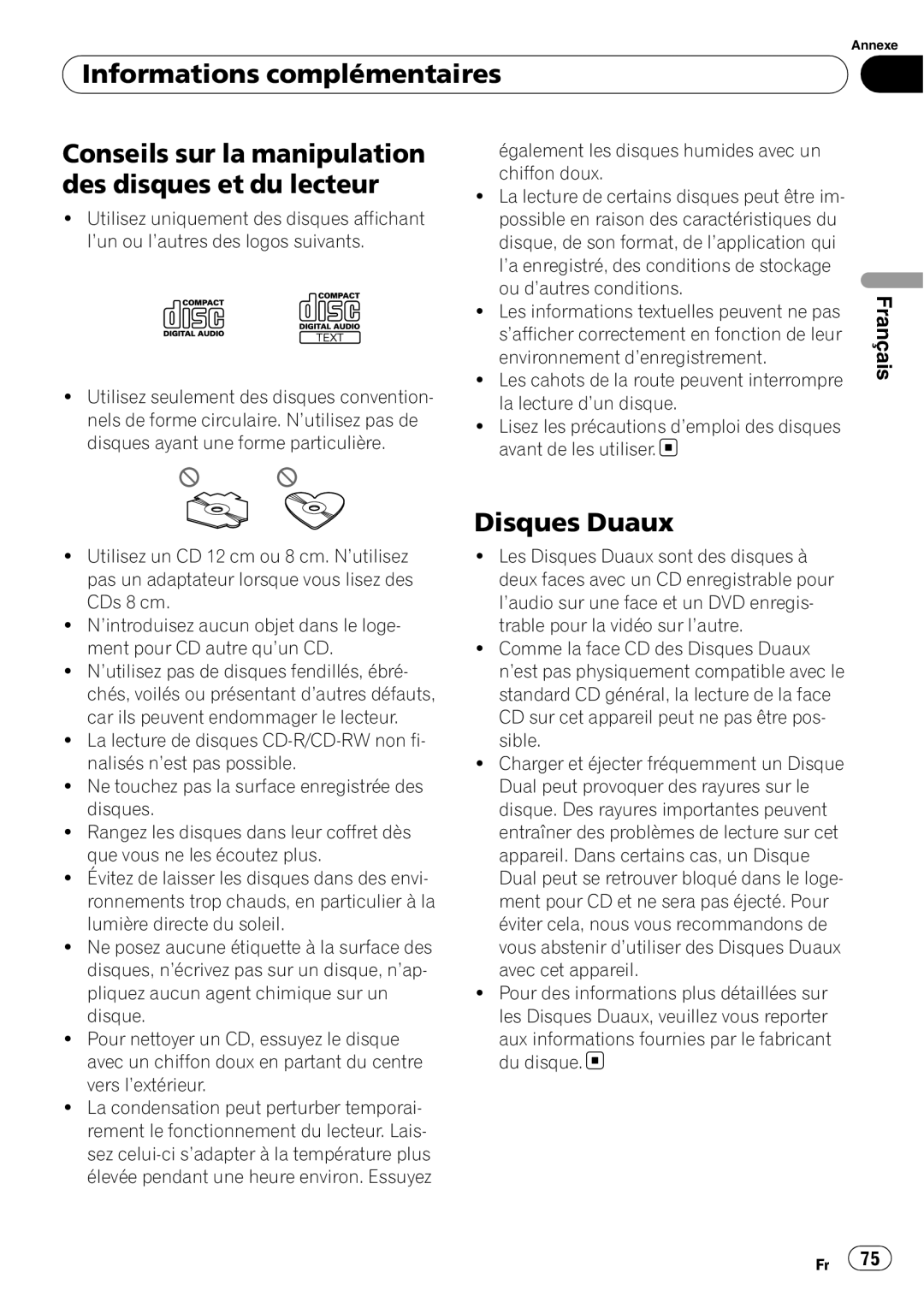 Pioneer SRC7127-B/N operation manual Disques Duaux, Informations complémentaires, Français 