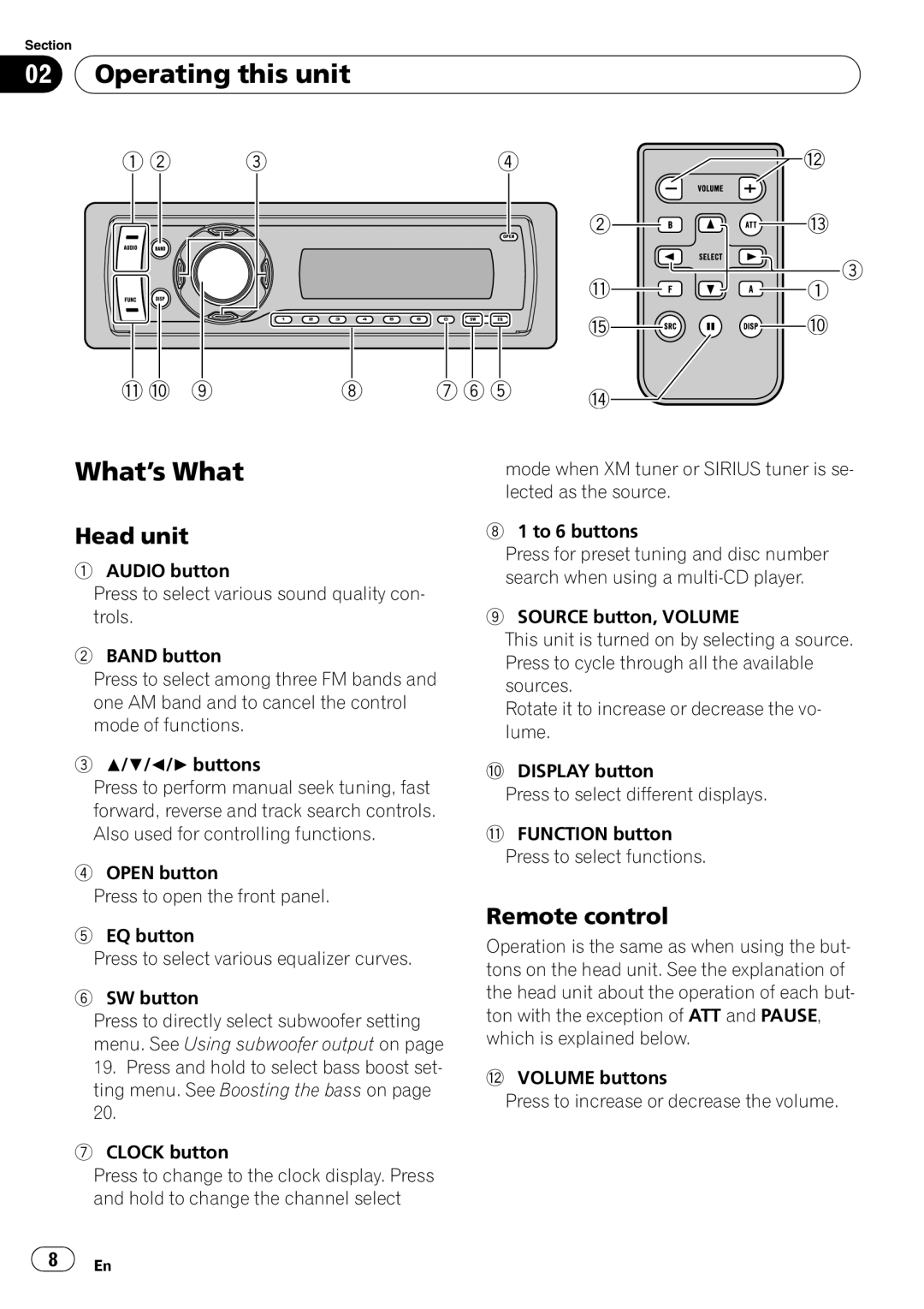 Pioneer SRC7127-B/N operation manual Operating this unit, What’s What, Head unit, Remote control 