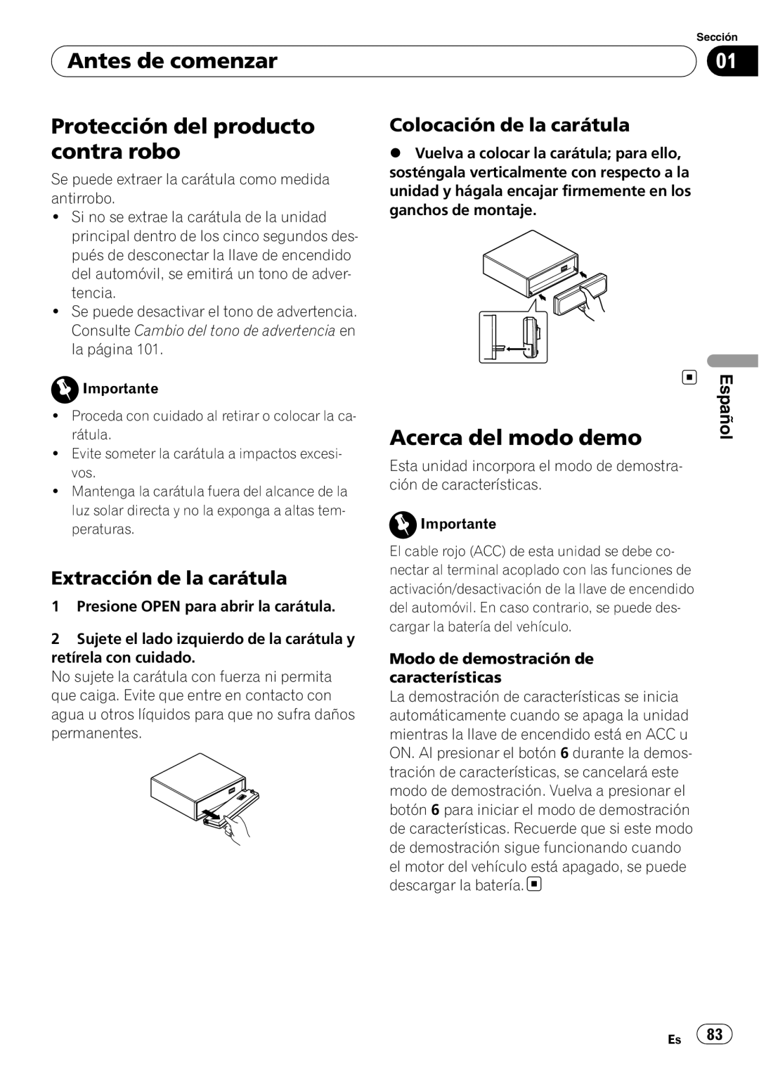 Pioneer SRC7127-B/N Protección del producto contra robo, Acerca del modo demo, Extracción de la carátula, Español 