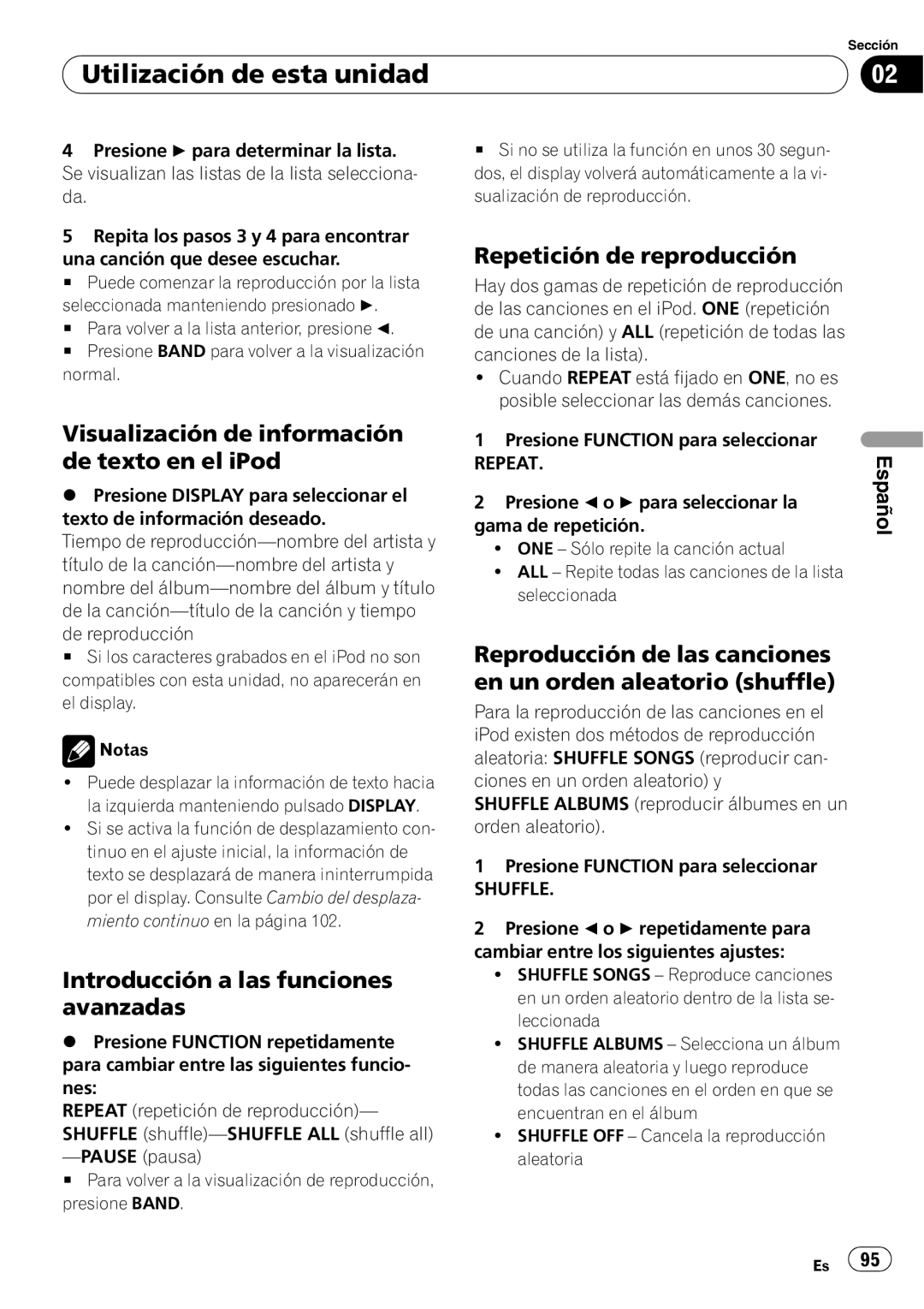Pioneer SRC7127-B/N operation manual Visualización de información de texto en el iPod, Repetición de reproducción, Español 