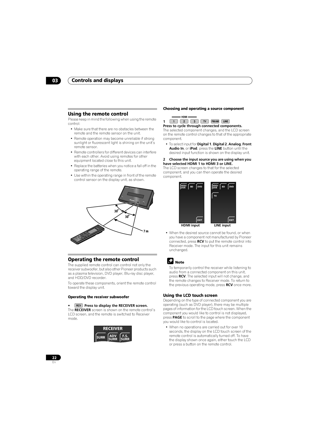 Pioneer AS-LX70 Controls and displays Using the remote control, Operating the remote control, Using the LCD touch screen 