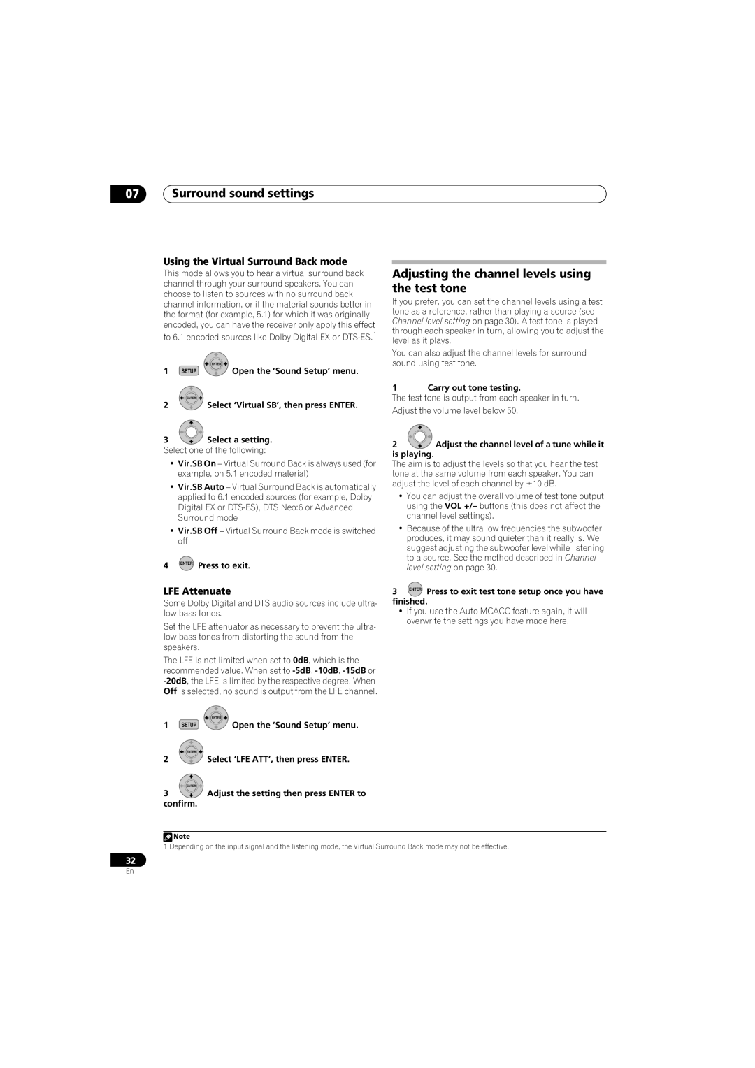 Pioneer SSP-LX70ST Adjusting the channel levels using the test tone, Using the Virtual Surround Back mode, LFE Attenuate 