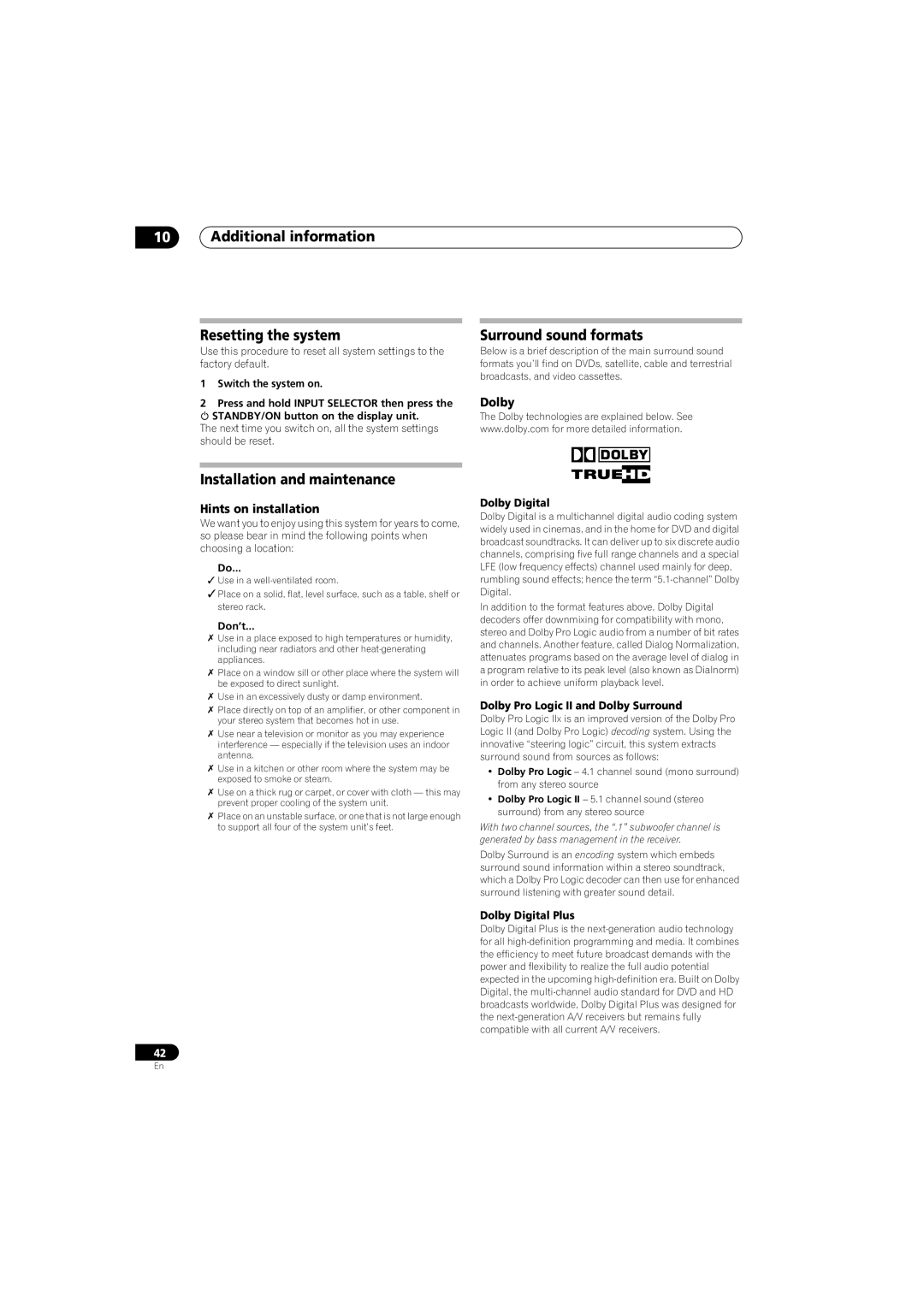 Pioneer AS-LX70 Additional information Resetting the system, Surround sound formats, Installation and maintenance, Dolby 