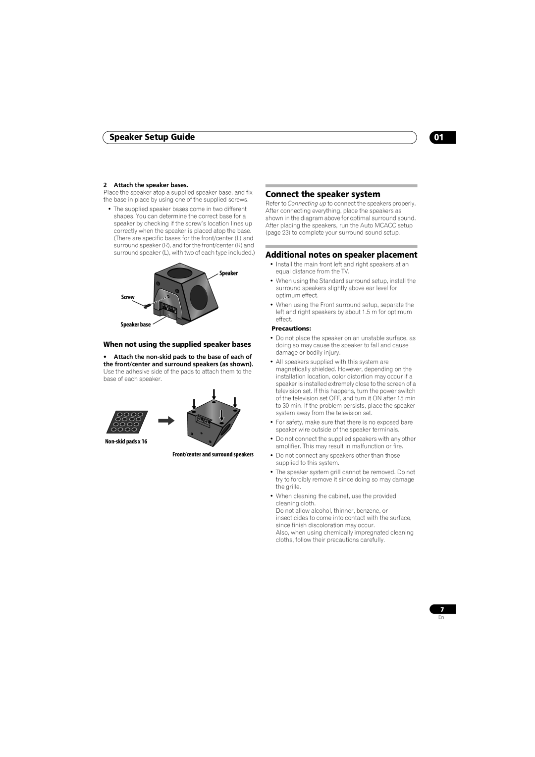 Pioneer HTP-LX70 Speaker Setup Guide, Connect the speaker system, Additional notes on speaker placement, Non-skid pads x 