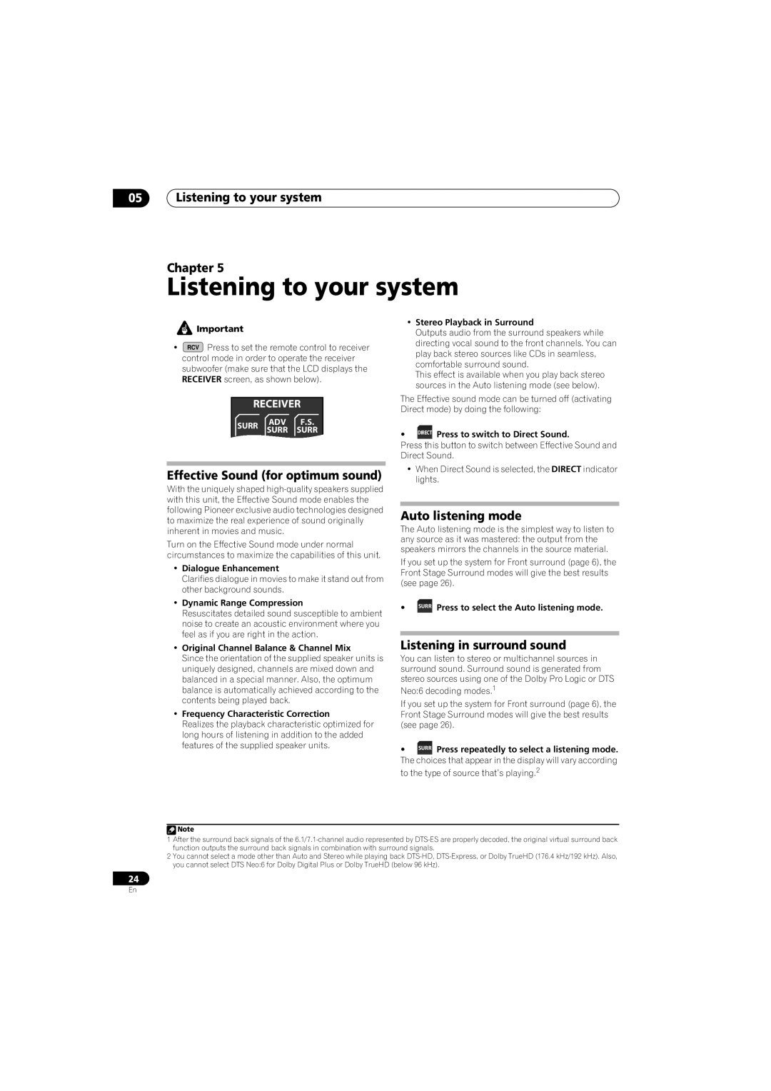 Pioneer SSP-LX70ST 05Listening to your system Chapter, Effective Sound for optimum sound, Auto listening mode, Surr 
