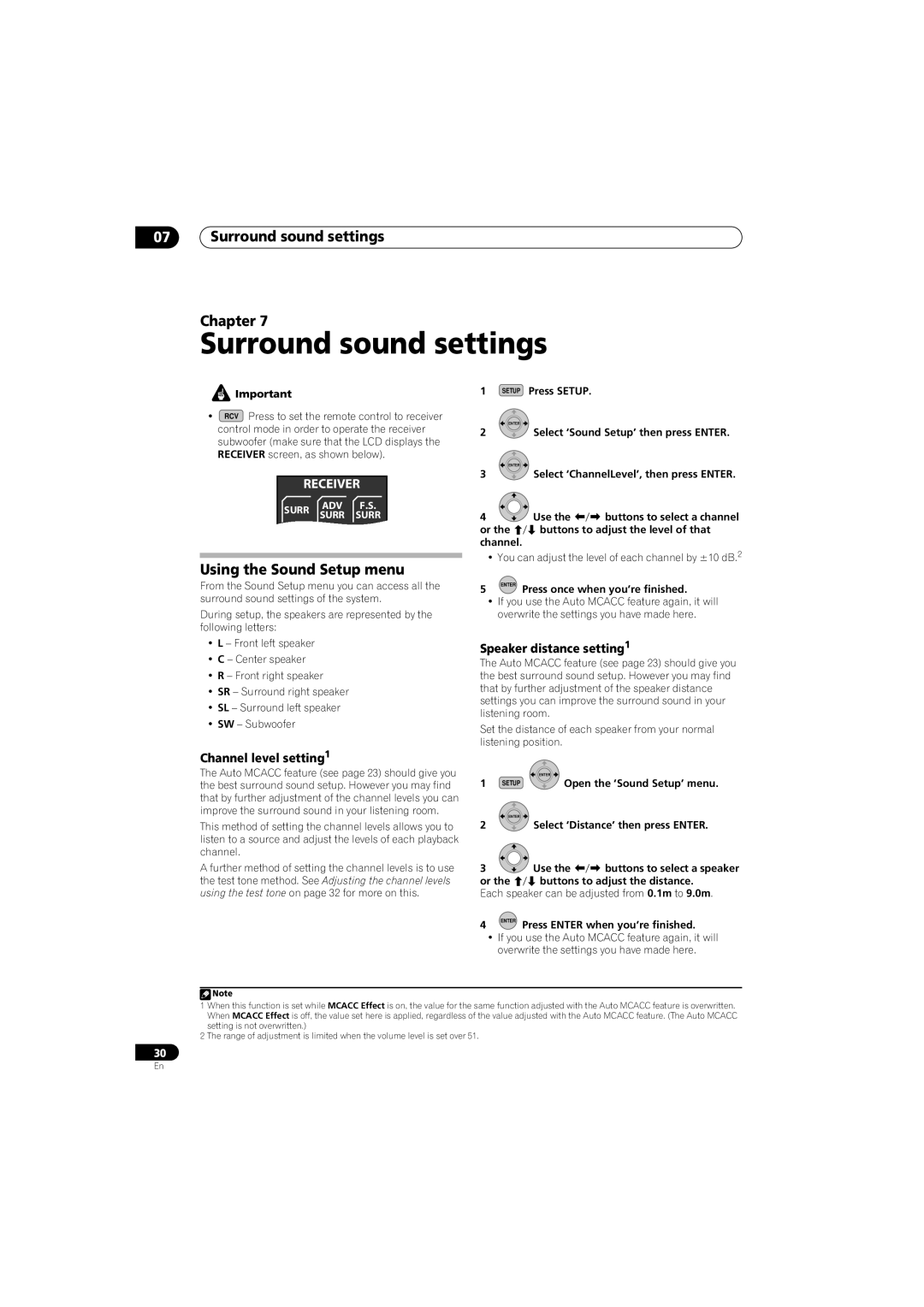 Pioneer AS-LX70 07Surround sound settings Chapter, Using the Sound Setup menu, Speaker distance setting1, Receiver 