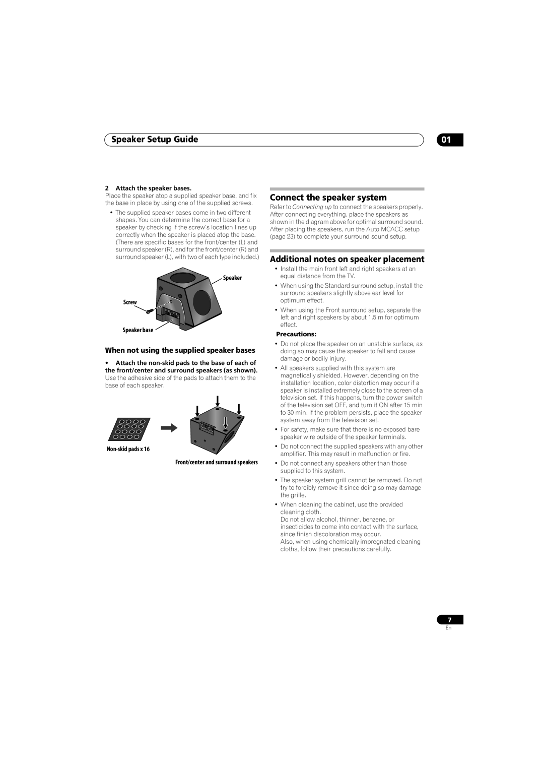 Pioneer HTP-LX70 Speaker Setup Guide, Connect the speaker system, Additional notes on speaker placement, Non-skidpads x 