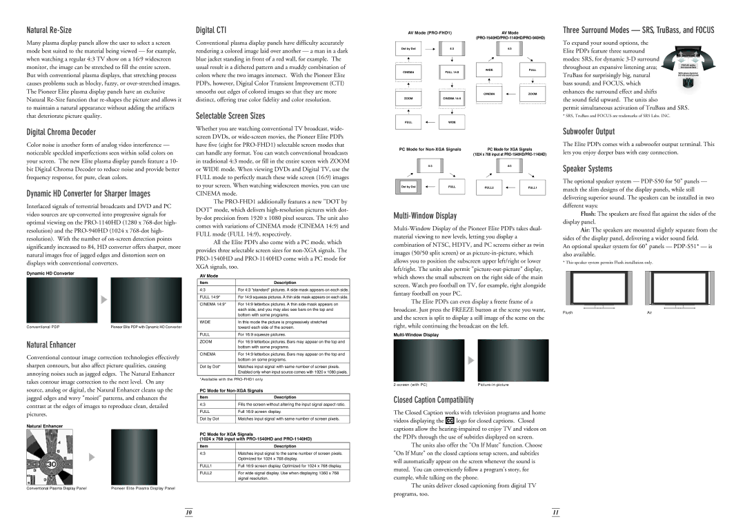 Pioneer Stereo System manual Natural Re-Size, Digital Chroma Decoder Digital CTI, Selectable Screen Sizes, Subwoofer Output 