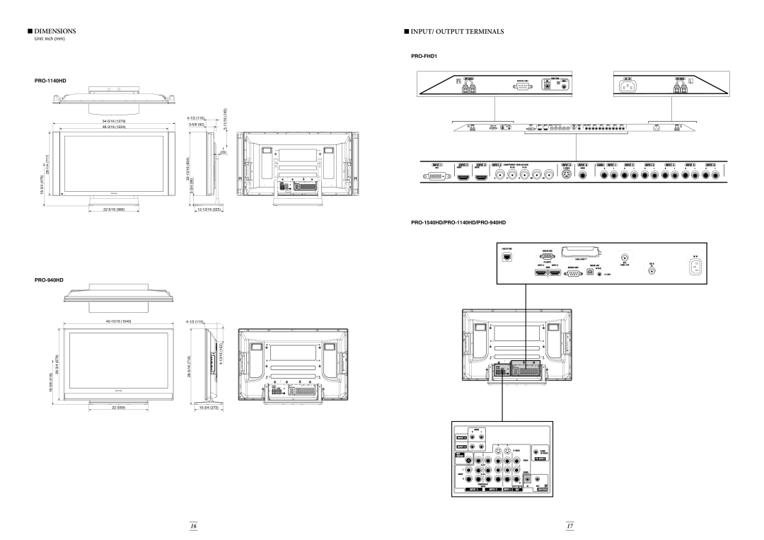 Pioneer Stereo System manual Dimensions, Input/ Output Terminals, PRO-FHD1, PRO-1540HD/PRO-1140HD/PRO-940HD 