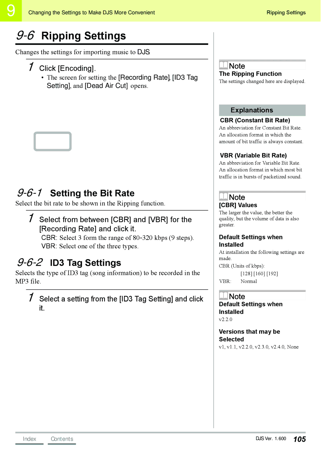 Pioneer SVJ-DL01D, SVJ-DS01D manual 6Ripping Settings, 1Setting the Bit Rate, 2ID3 Tag Settings, Click Encoding 