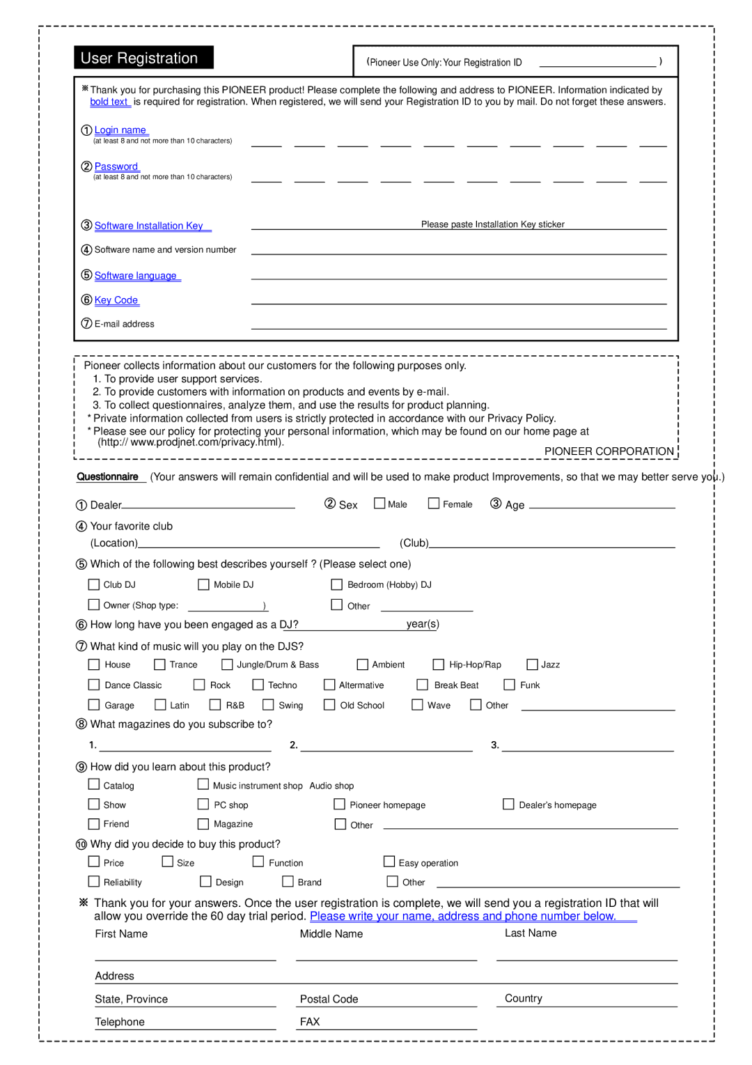 Pioneer SVJ-DL01D, SVJ-DS01D manual User Registration 