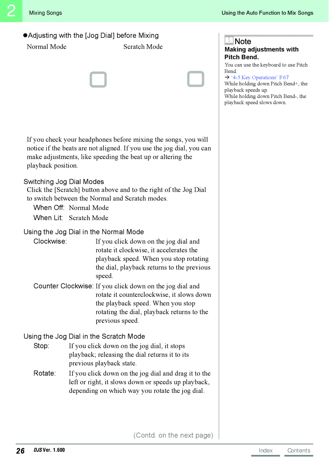Pioneer SVJ-DS01 Adjusting with the Jog Dial before Mixing, Switching Jog Dial Modes, Making adjustments with Pitch Bend 