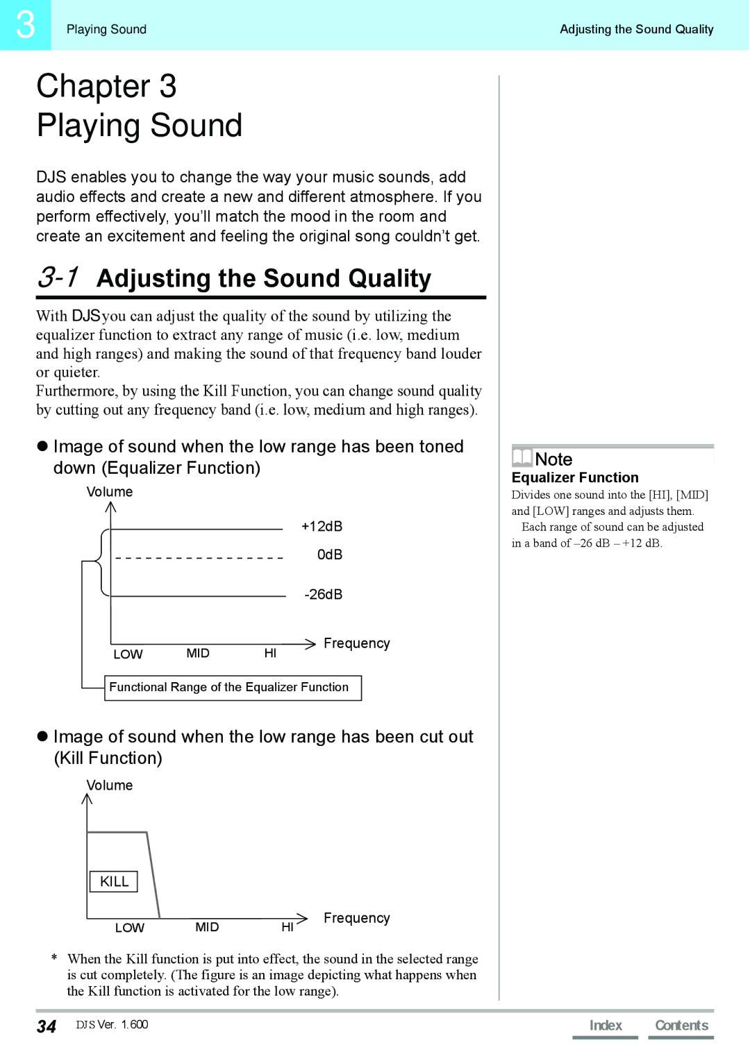 Pioneer SVJ-DL01D, SVJ-DS01D manual Chapter Playing Sound, 1Adjusting the Sound Quality, Equalizer Function 