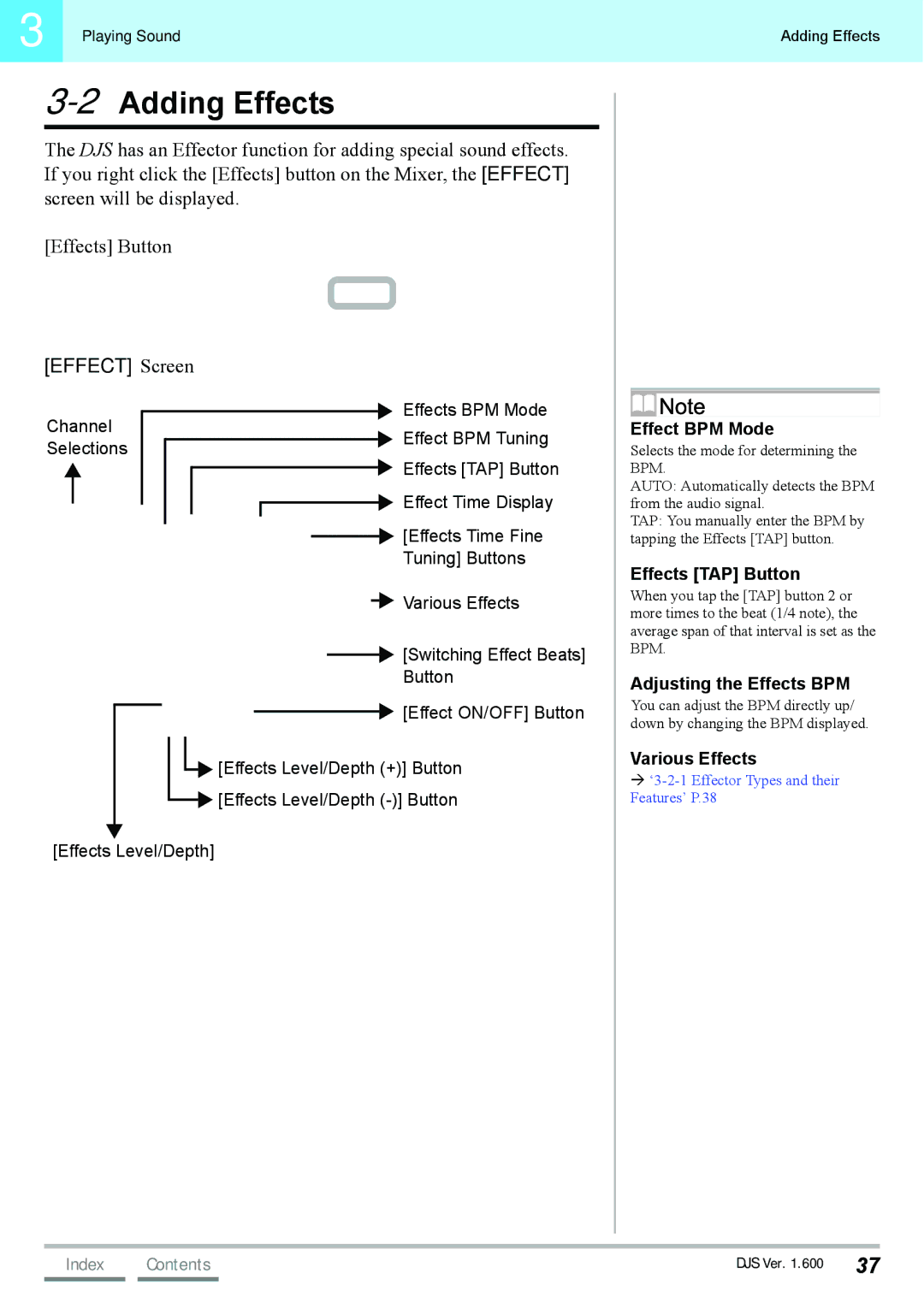 Pioneer SVJ-DL01D manual 2Adding Effects, Effect BPM Mode, Effects TAP Button, Adjusting the Effects BPM, Various Effects 