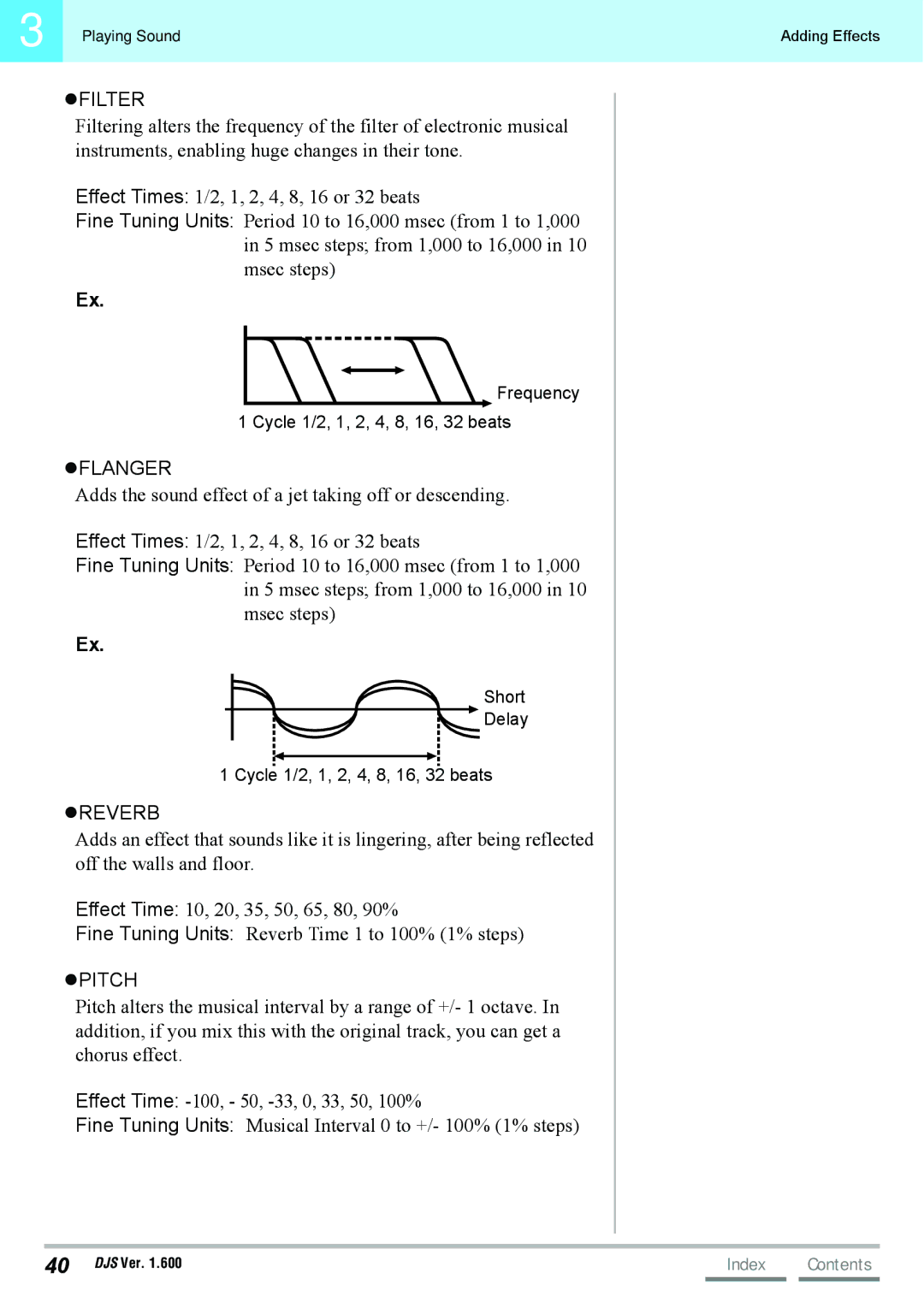 Pioneer SVJ-DL01D manual Frequency Cycle 1/2, 1, 2, 4, 8, 16, 32 beats, Short Delay Cycle 1/2, 1, 2, 4, 8, 16, 32 beats 