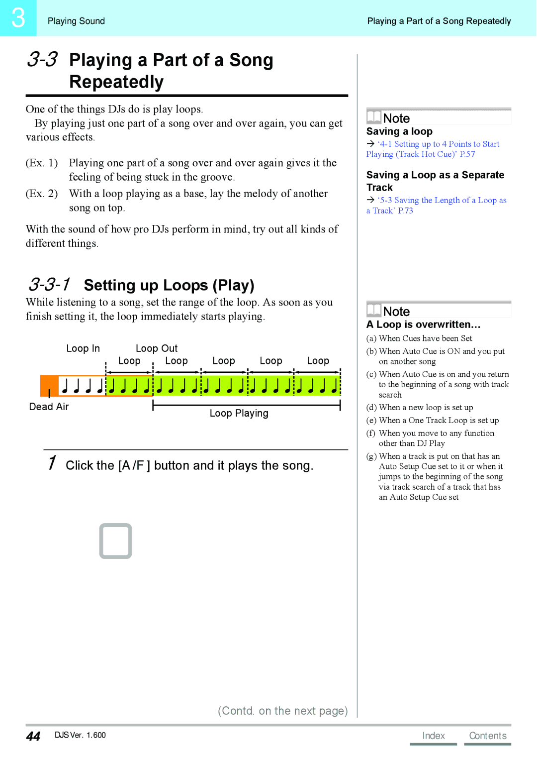 Pioneer SVJ-DL01 3Playing a Part of a Song Repeatedly, 1Setting up Loops Play, Click the A/F button and it plays the song 