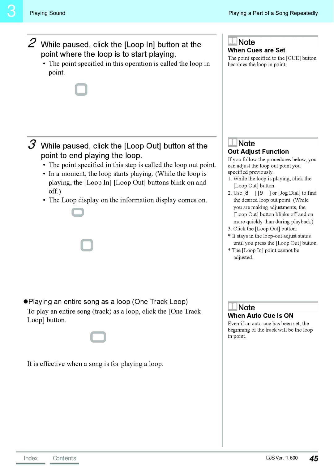 Pioneer SVJ-DL01D, SVJ-DS01 manual Playing an entire song as a loop One Track Loop, When Cues are Set, Out Adjust Function 