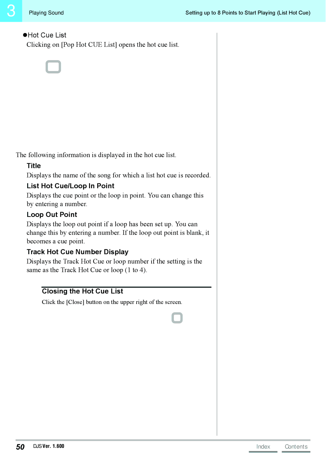 Pioneer SVJ-DS01 Title, List Hot Cue/Loop In Point, Loop Out Point, Track Hot Cue Number Display, Closing the Hot Cue List 