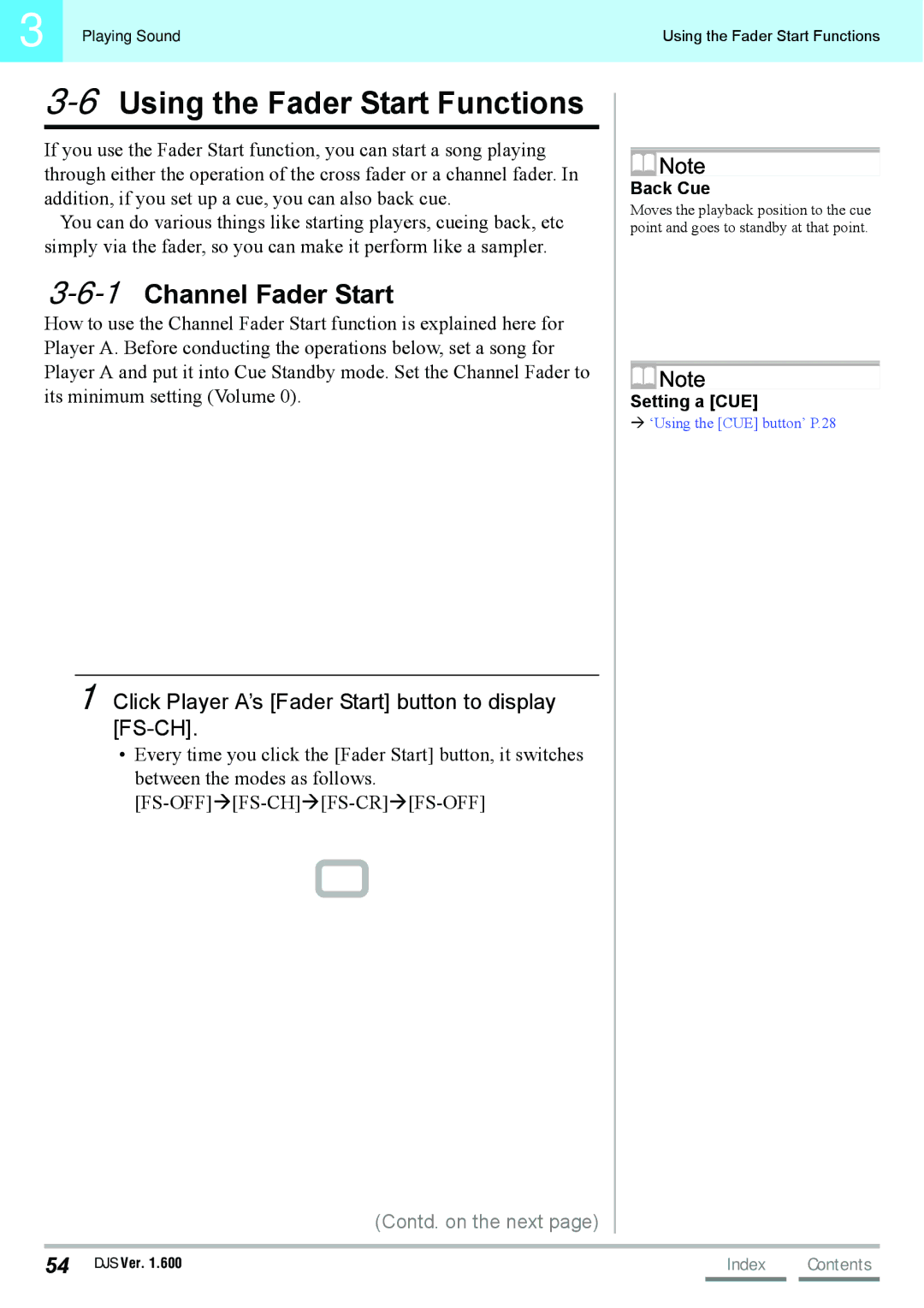 Pioneer SVJ-DL01D, SVJ-DS01D manual 6Using the Fader Start Functions, 1Channel Fader Start, Back Cue, Setting a CUE 