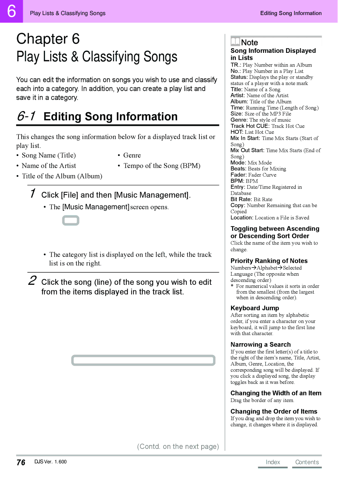 Pioneer SVJ-DL01D, SVJ-DS01D manual Chapter, 1Editing Song Information, Click File and then Music Management 