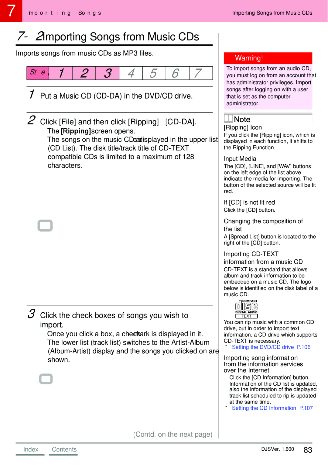 Pioneer SVJ-DS01D, SVJ-DL01D manual 2Importing Songs from Music CDs, Click the check boxes of songs you wish to import 