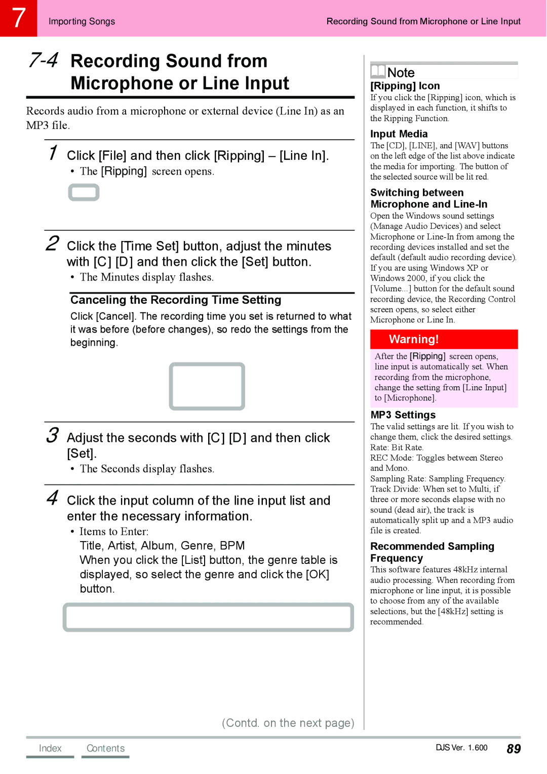 Pioneer SVJ-DL01D Click File and then click Ripping Line, Adjust the seconds with C D and then click Set, MP3 Settings 