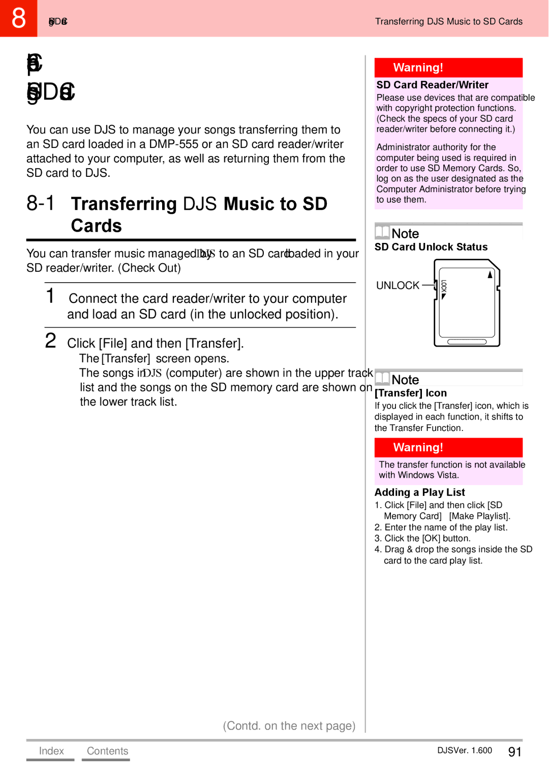 Pioneer SVJ-DS01D manual Chapter Using SD Cards, 1Transferring DJS Music to SD Cards, SD Card Unlock Status, Transfer Icon 