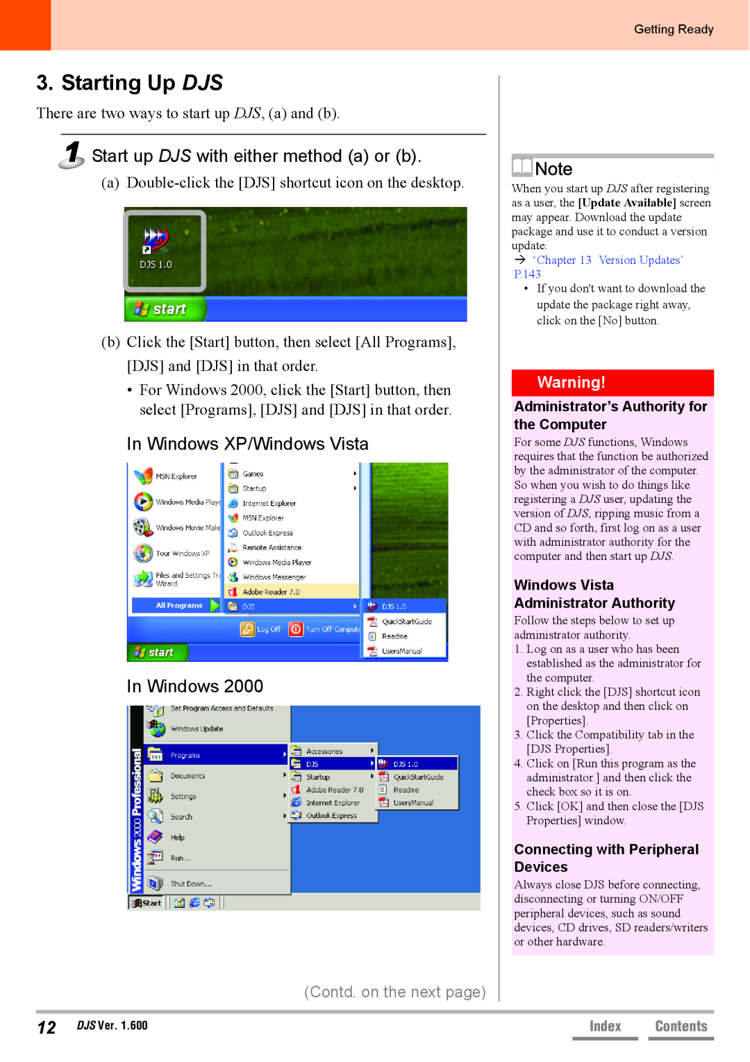 Pioneer SVJ-DL01 Starting Up DJS, Start up DJS with either method a or b, In Windows XP/Windows Vista In Windows, Index 